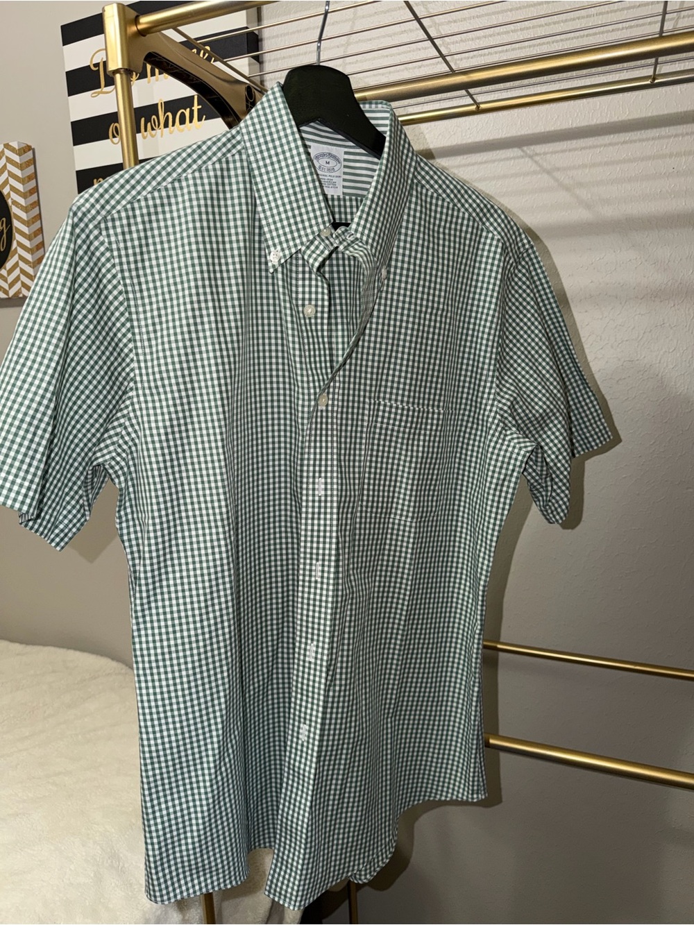 Brooks Brothers Green and White Gingham Short-Sleeve Button-Down Shirt